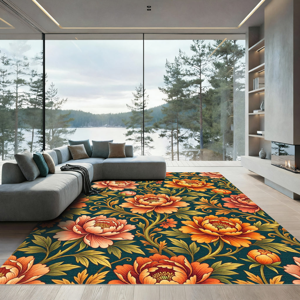 Vibrant Orange Peony Floral Scroll Rug