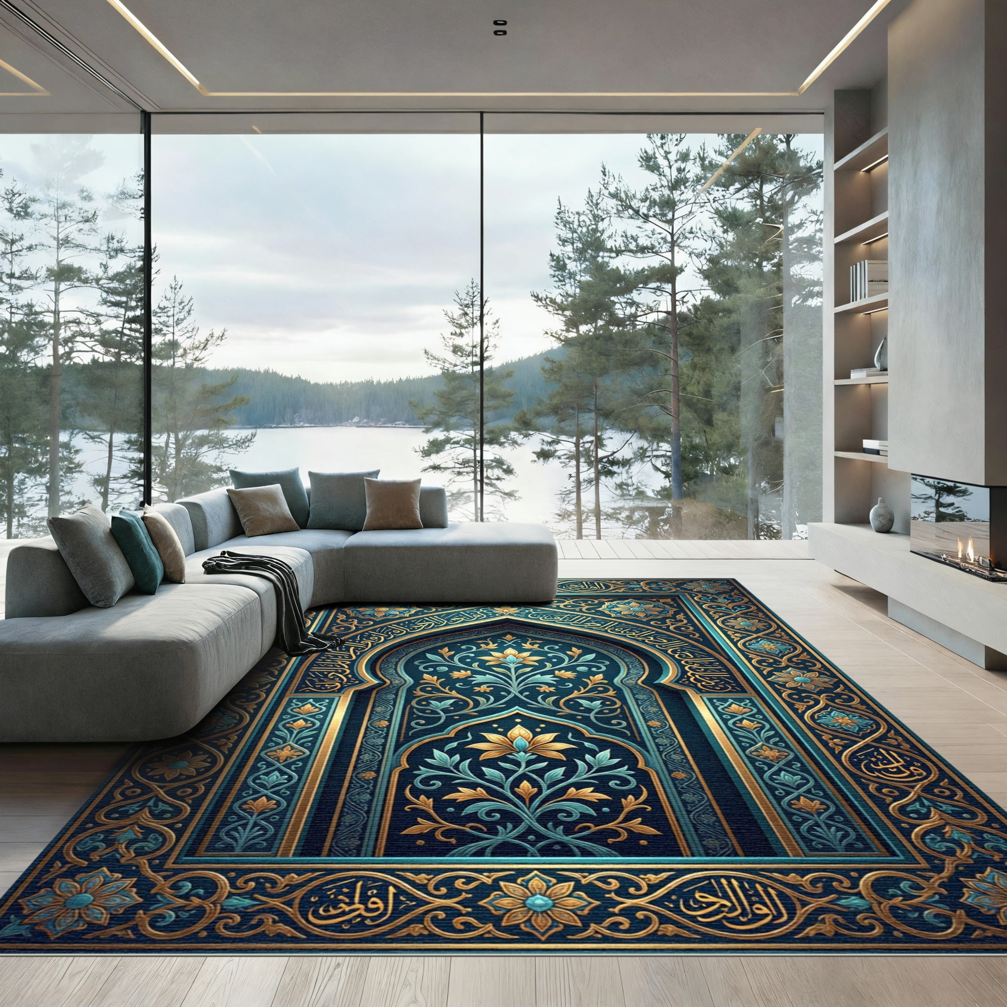 Ornate Teal Gold Floral Arch Tapestry Rug