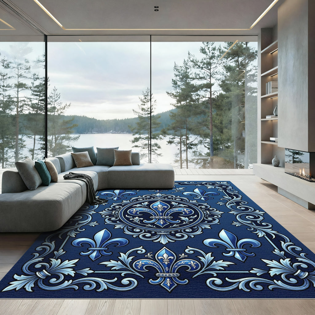 Deep Blue Heraldic Fleur de Lis Rug