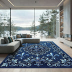 Deep Blue Heraldic Fleur de Lis Rug