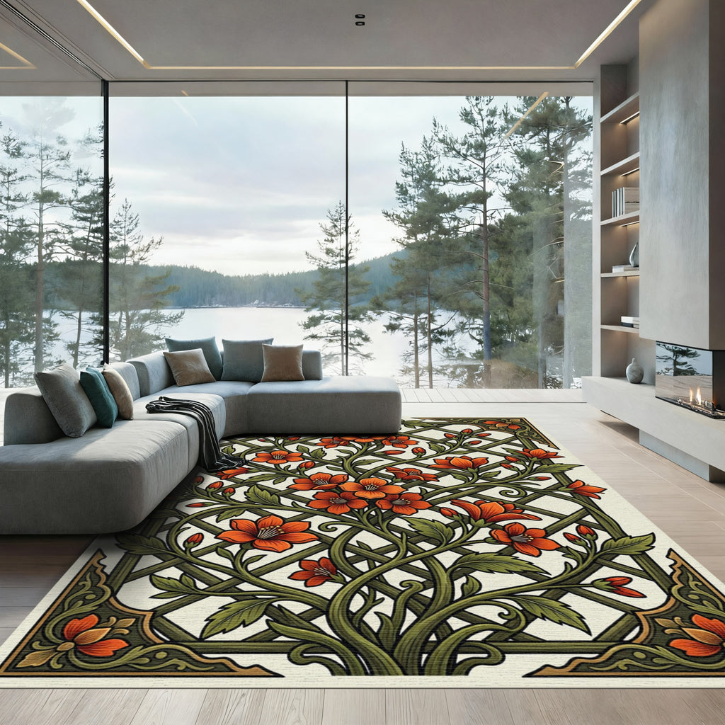 Orange Blossom Vine Lattice Art Rug
