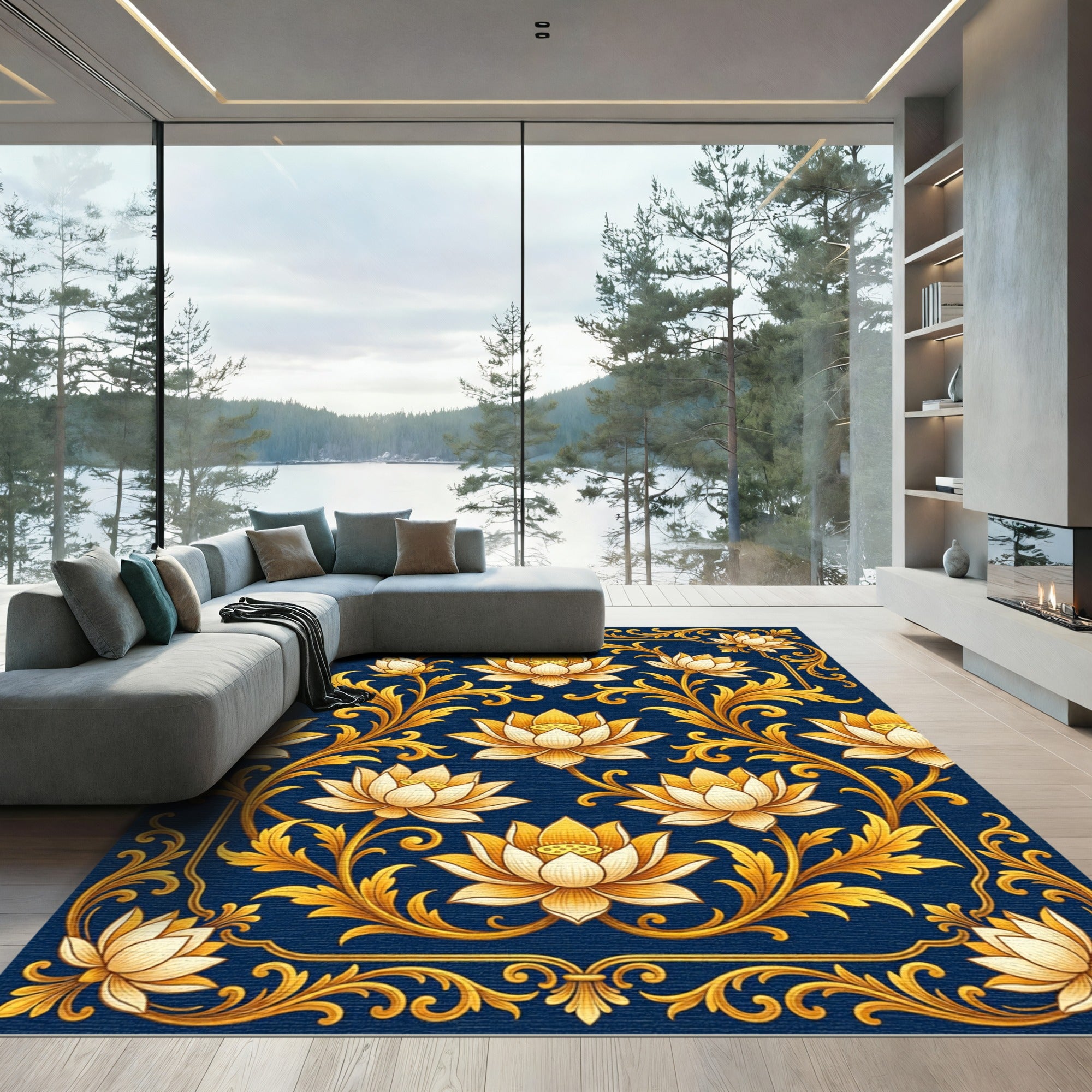 Golden Lotus Filigree Dark Navy Rug