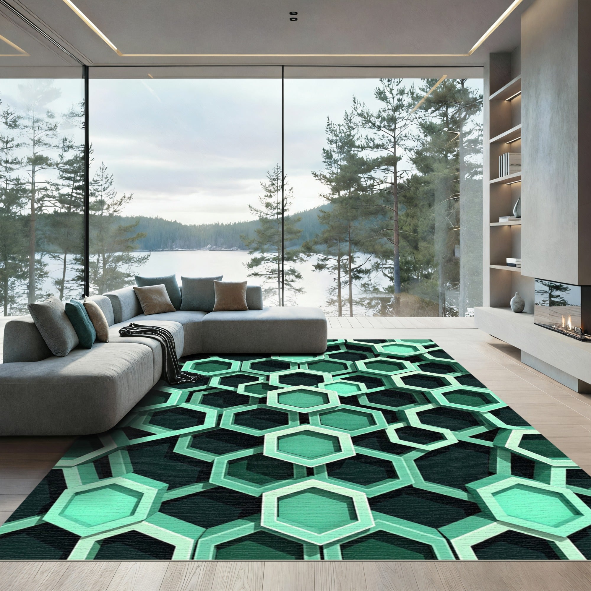 Geometric Hexagon Layers in Sage Green Rug