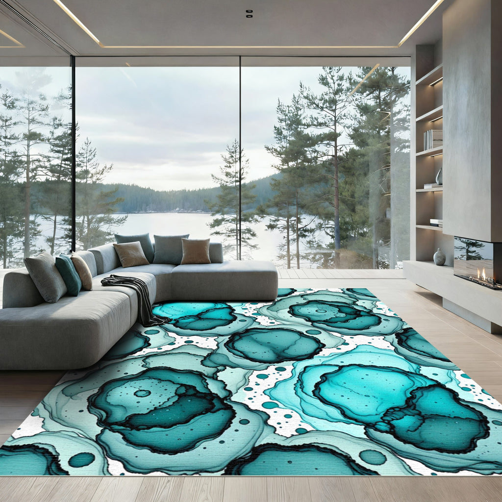Teal Abstract Alcohol Ink Swirl Rug
