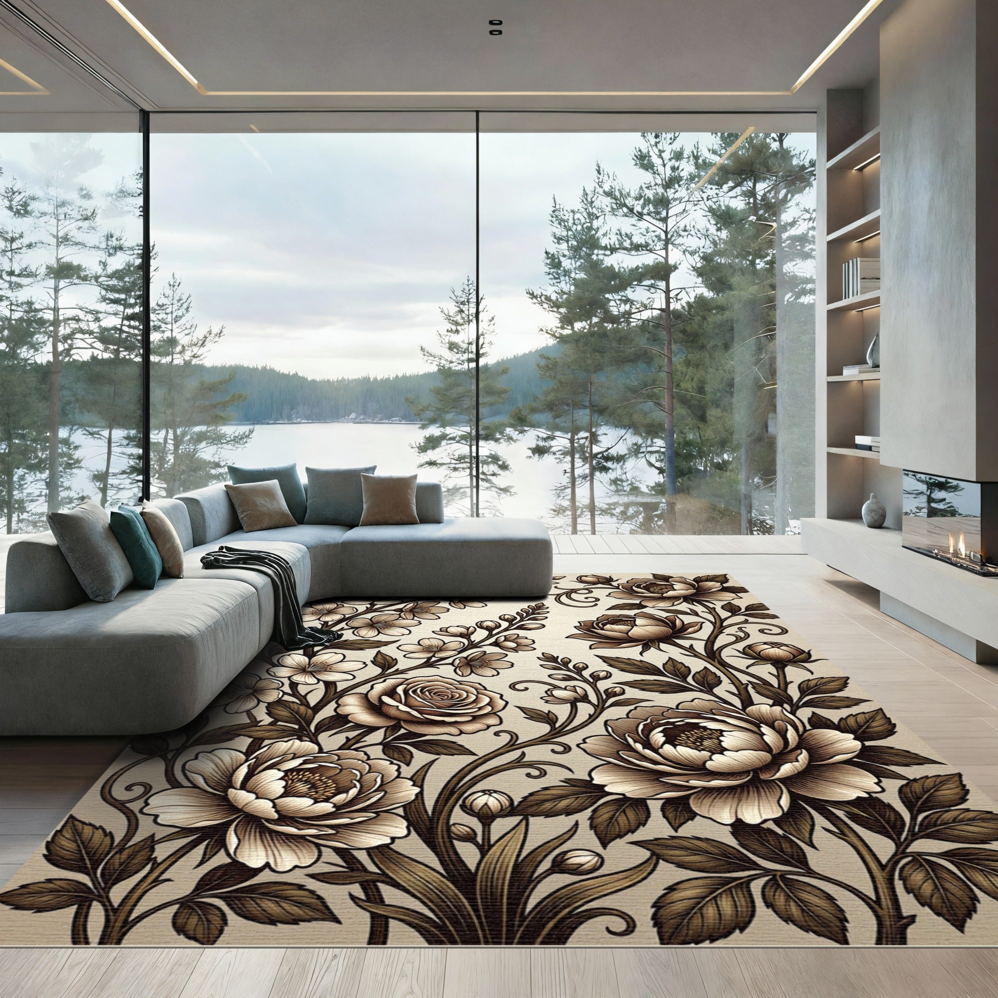 Elegant Sepia Floral Botanical Scroll Rug