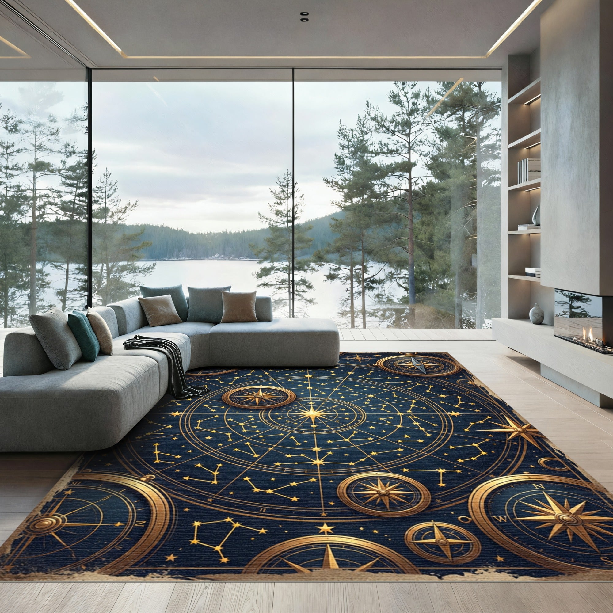 Celestial Gold Constellation and Compass Map Rug