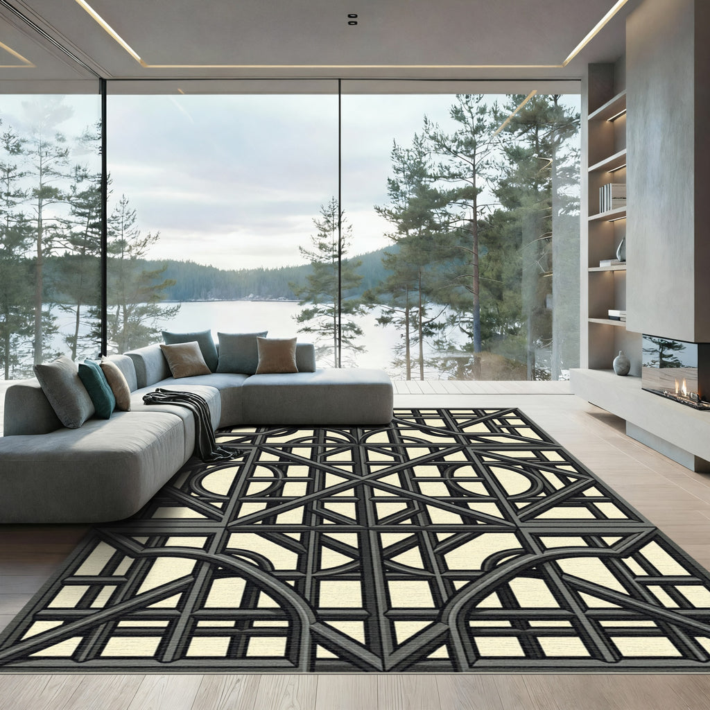 Dark Gray Geometric Window Lattice Rug