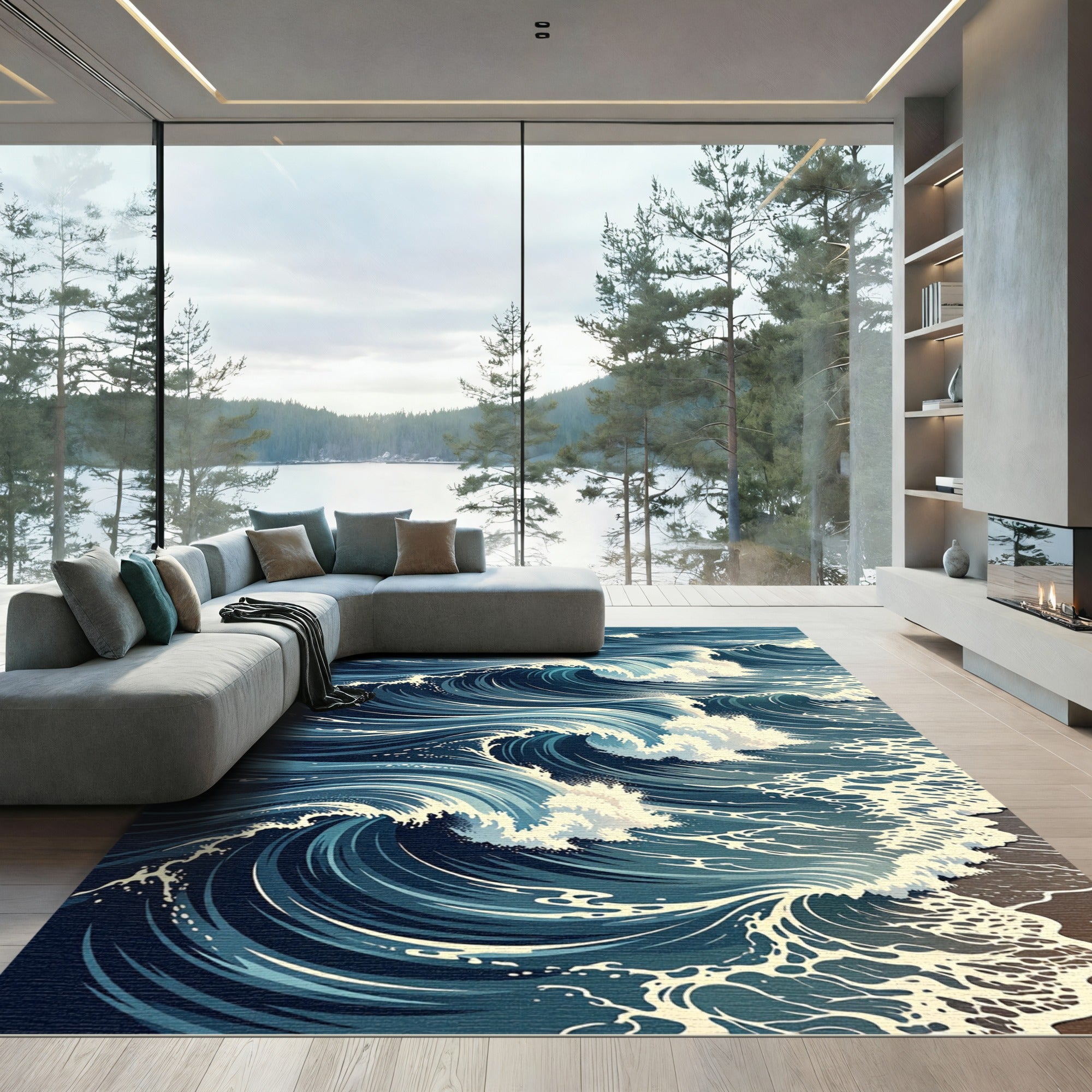 Deep Blue Oceanic Rolling Wave Art Rug