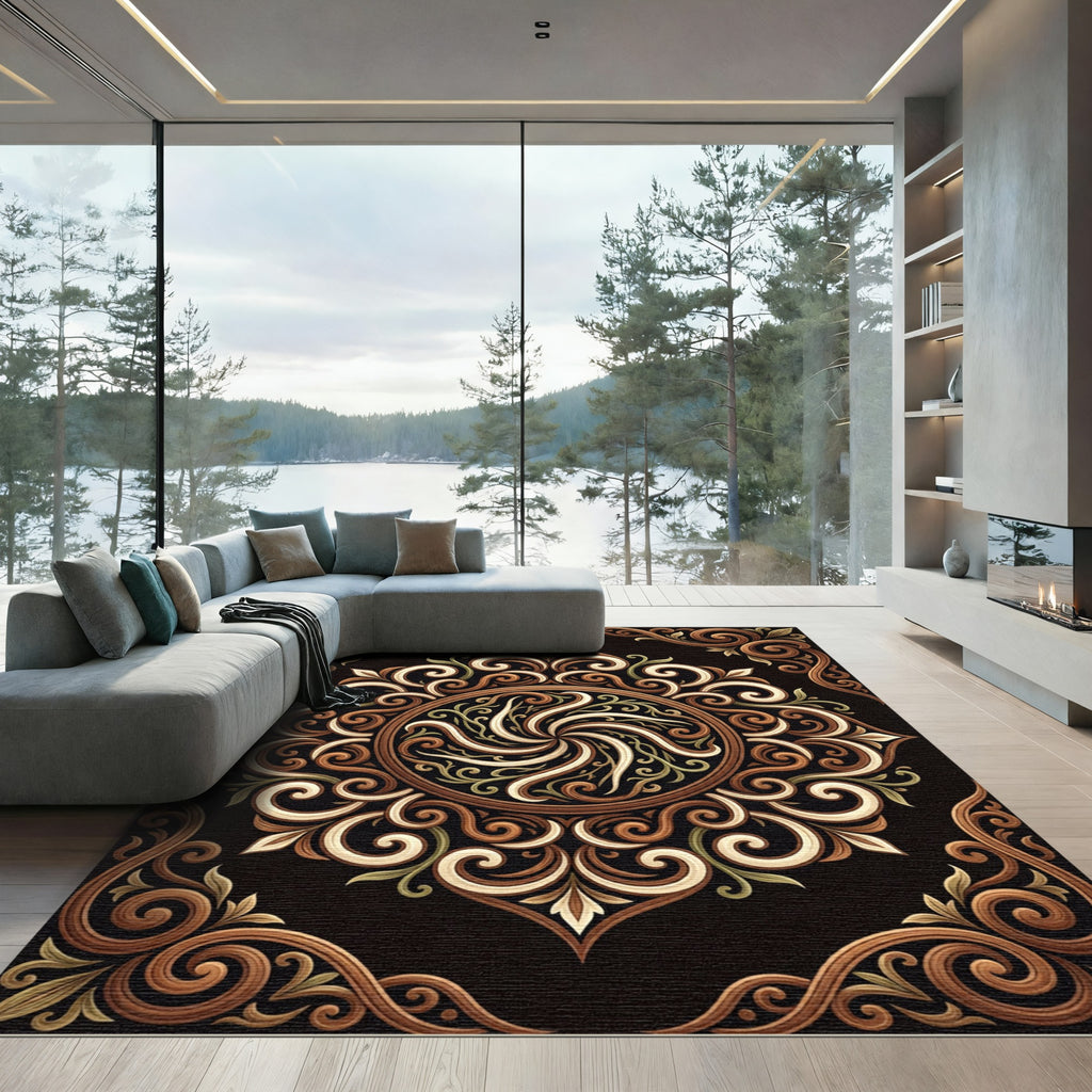 Elegant Fawn Swirl Floral Mandala Rug