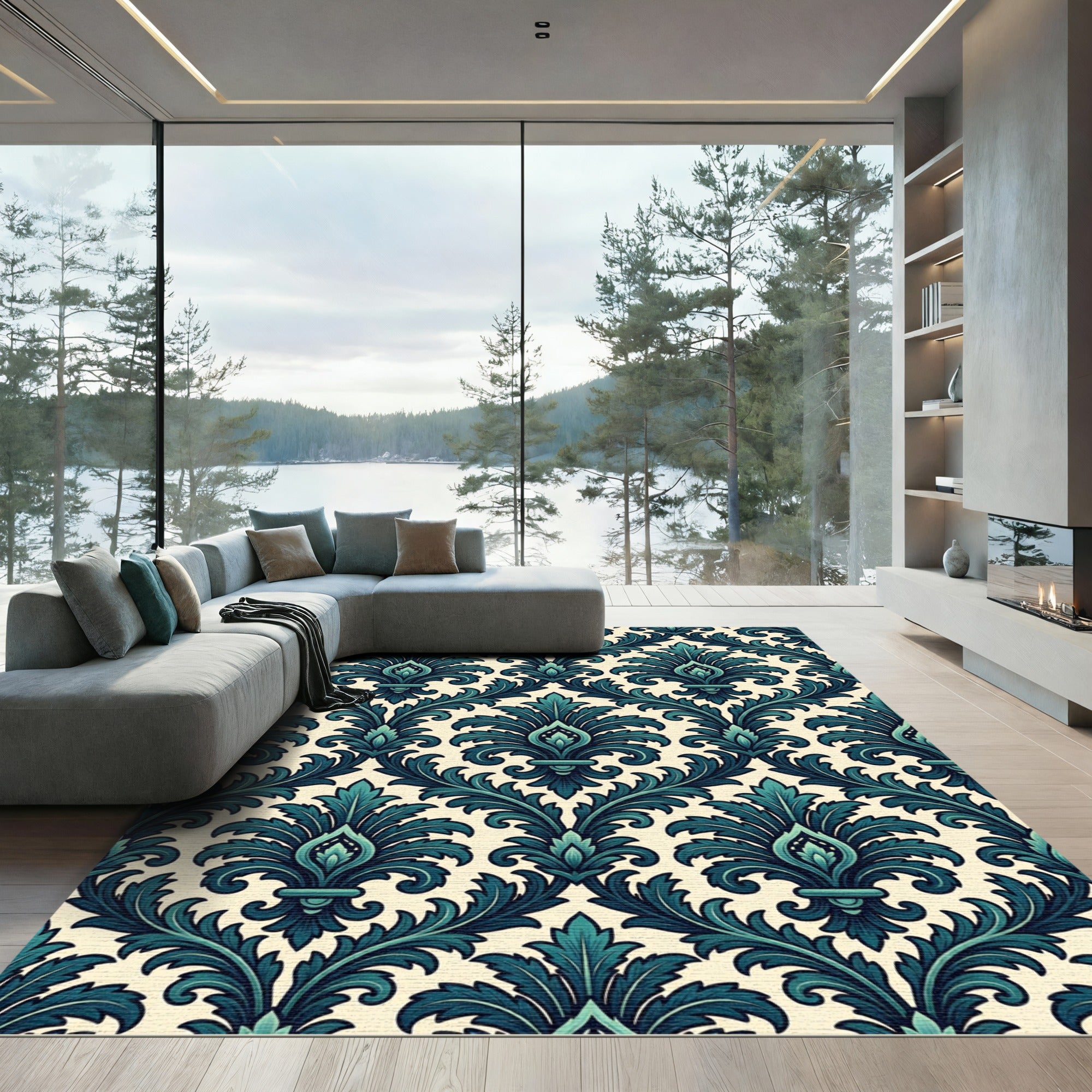 Elegant Teal Damask Scroll Filigree Rug