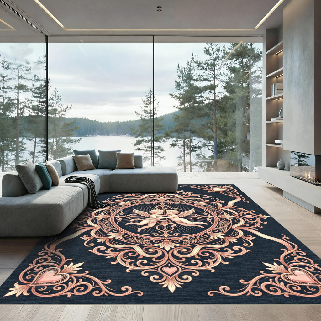 Pink Cherub Heart Scrollwork Medallion Rug