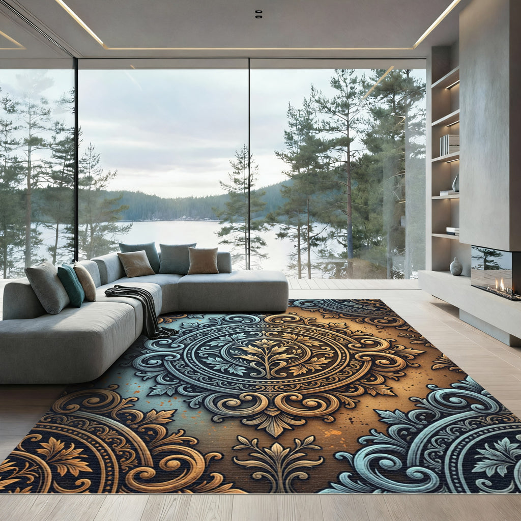 Ornate Teal Gold Filigree Scroll Rug