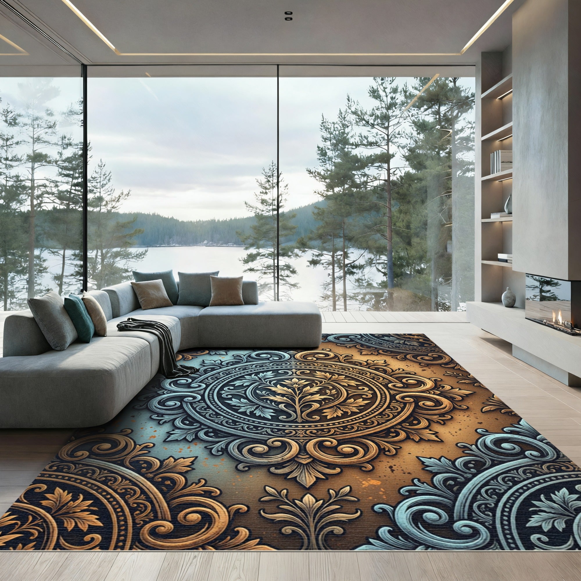 Ornate Teal Gold Filigree Scroll Rug