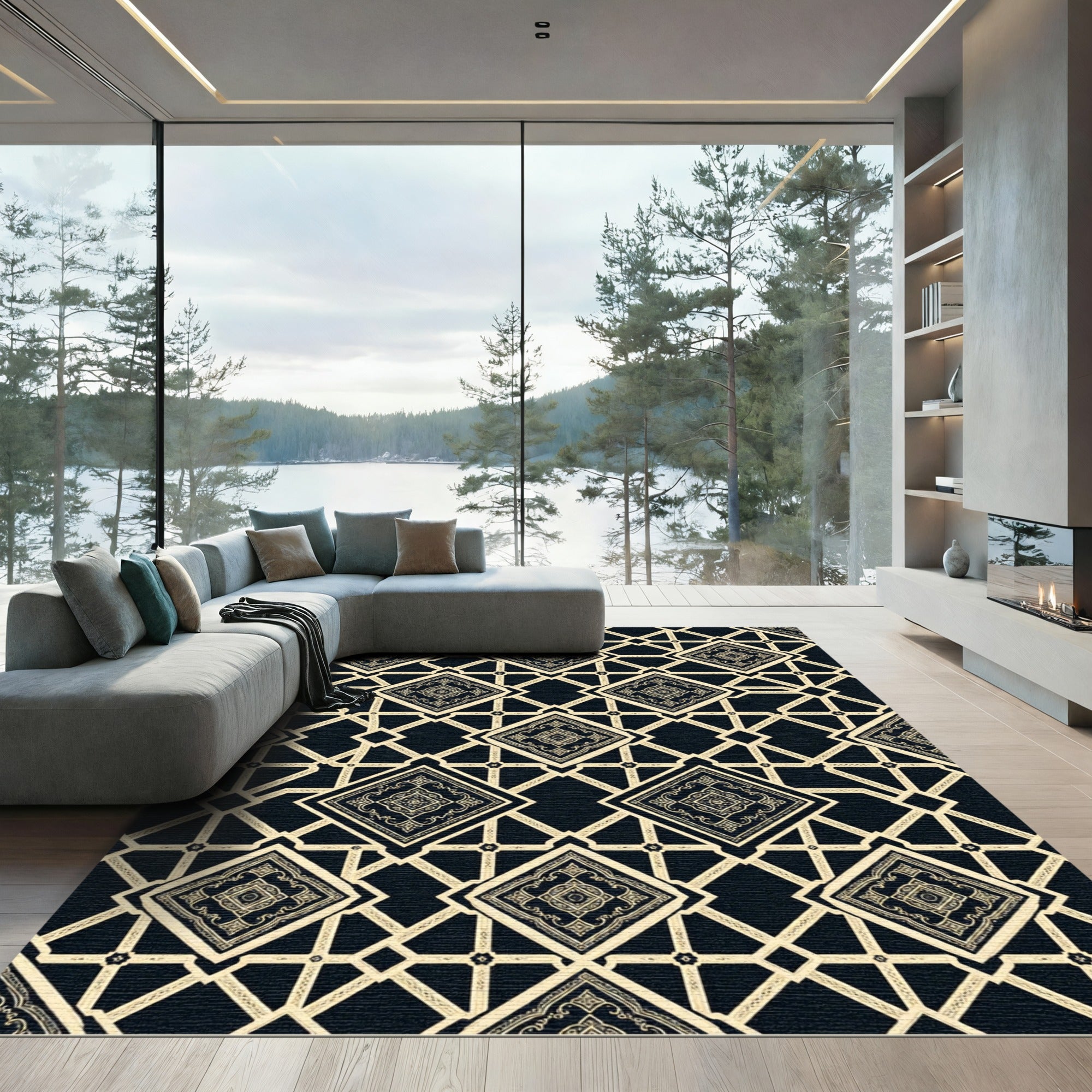Luxury Black and Gold Geometric Lattice Rug