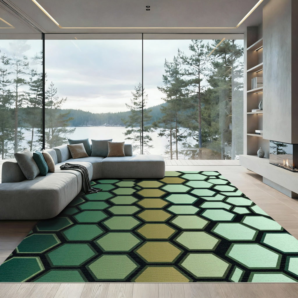 Sophisticated Emerald Gold Gradient Hexagonal Mosaic Rug