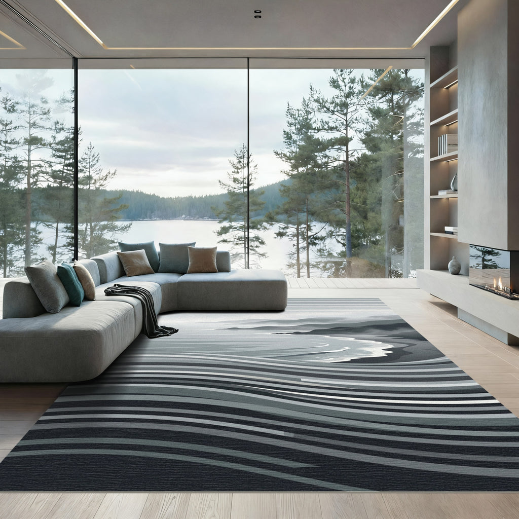 Monochromatic Coastal Wave Stripe Area Rug