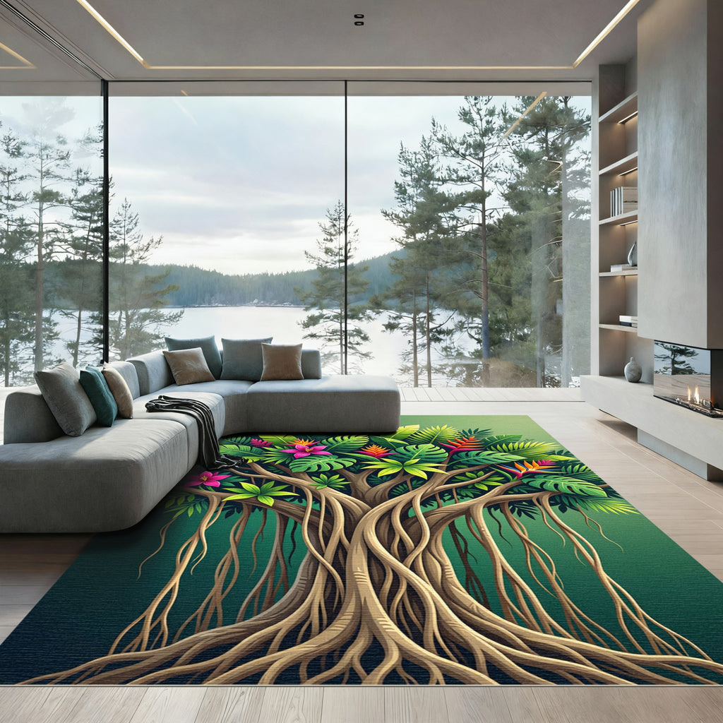 Lush Tropical Foliage With Vibrant Blooms Rug