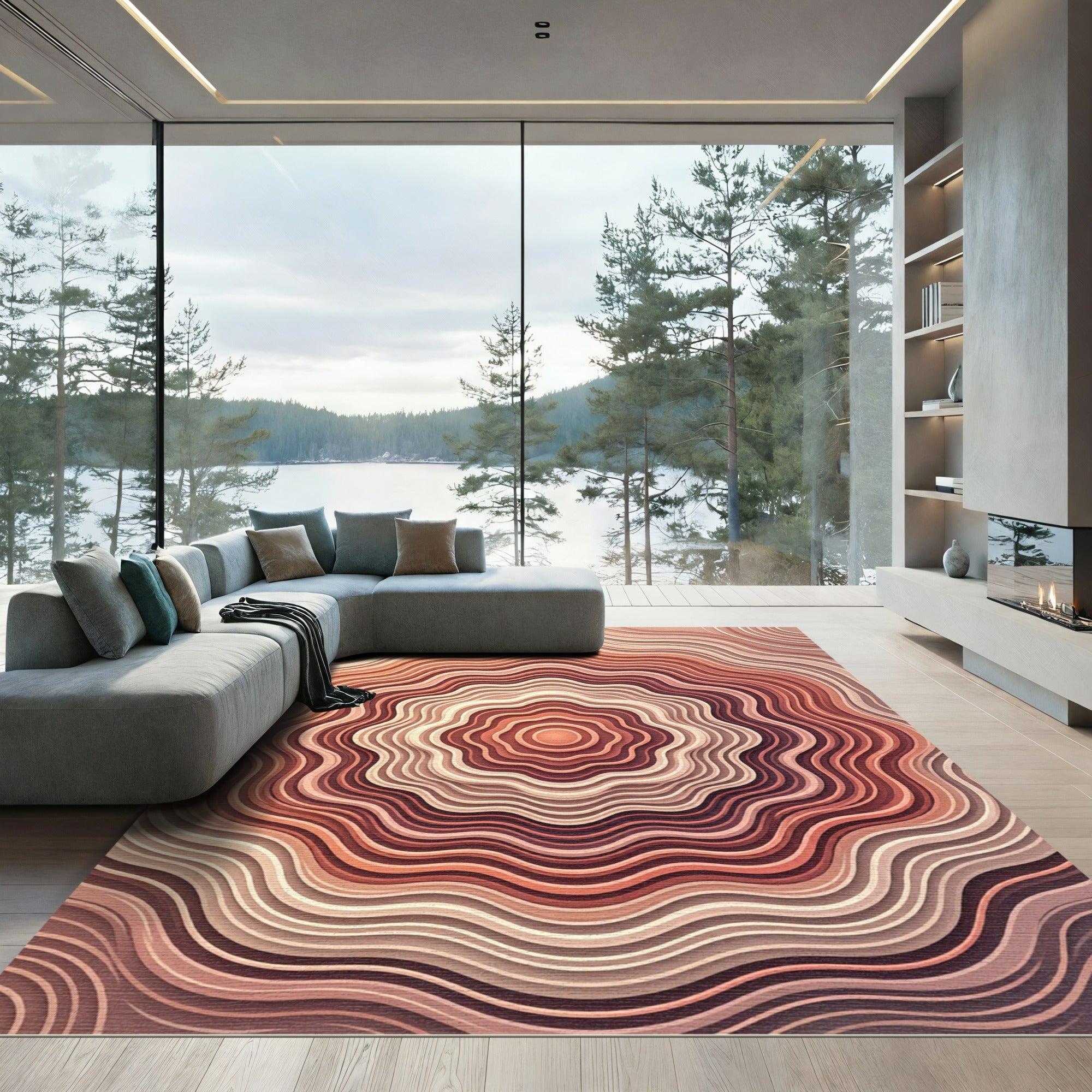Abstract Terracotta Wavy Concentric Circle Rug