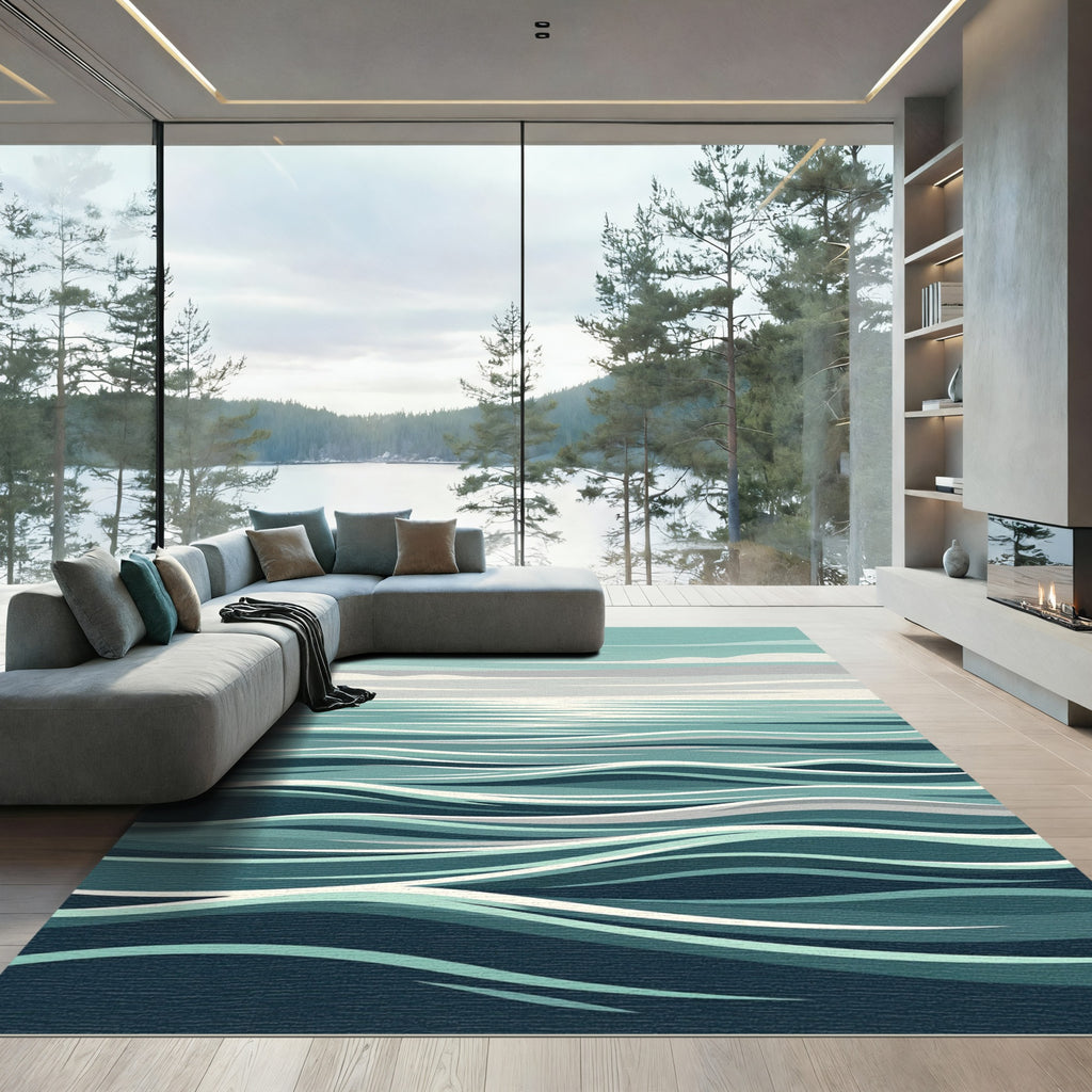 Abstract Teal Ocean Wave Horizon Rug