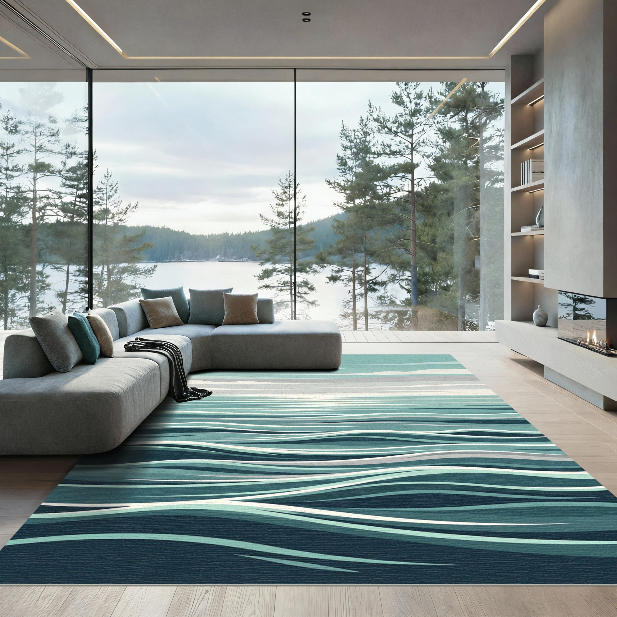 Abstract Teal Ocean Wave Horizon Rug