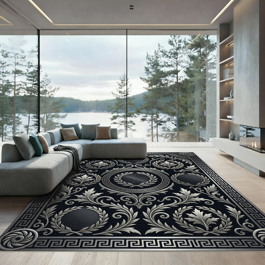 Silver Greek Key Filigree Ornamental Rug