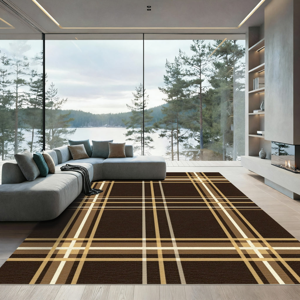 Classic Brown Tan Plaid Lines Rug