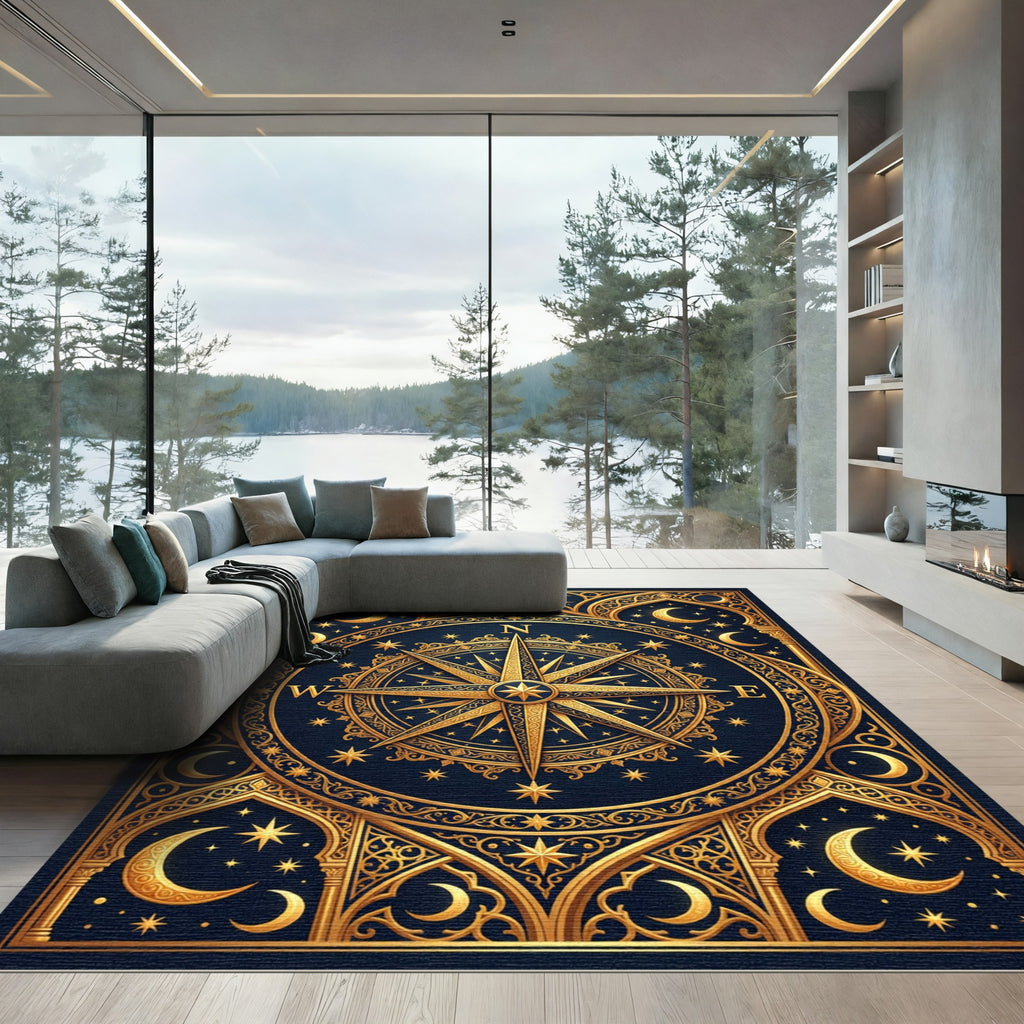 Celestial Gold Compass Navy Starry Night Rug