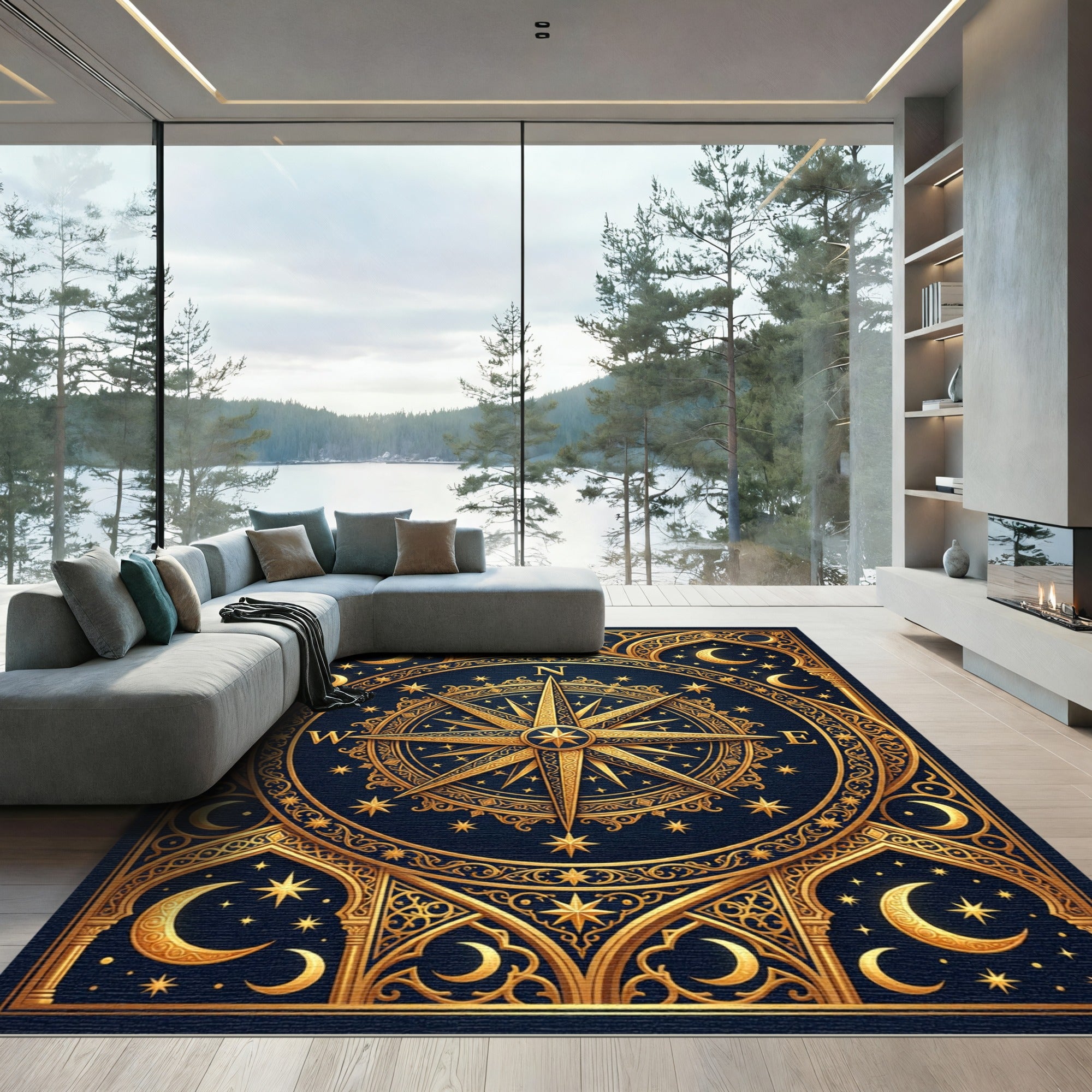 Celestial Gold Compass Navy Starry Night Rug