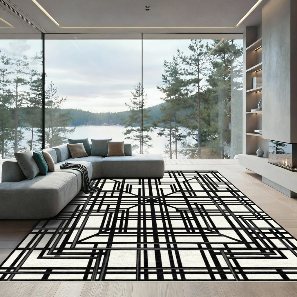 Modern Black and Ivory Geometric Grid Rug