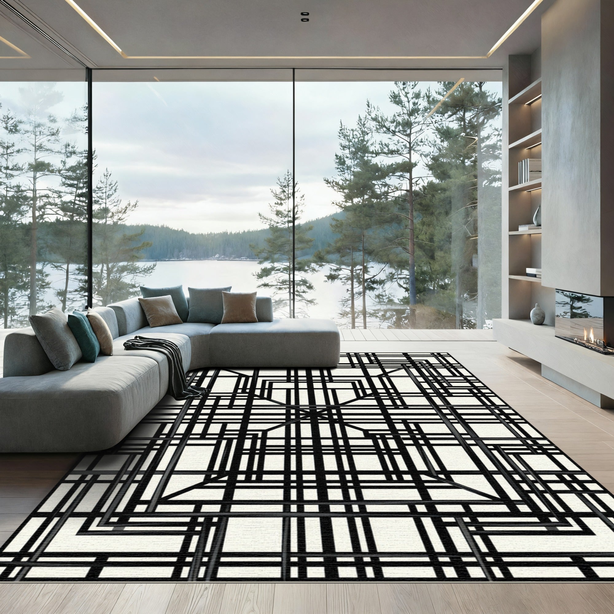 Modern Black and Ivory Geometric Grid Rug