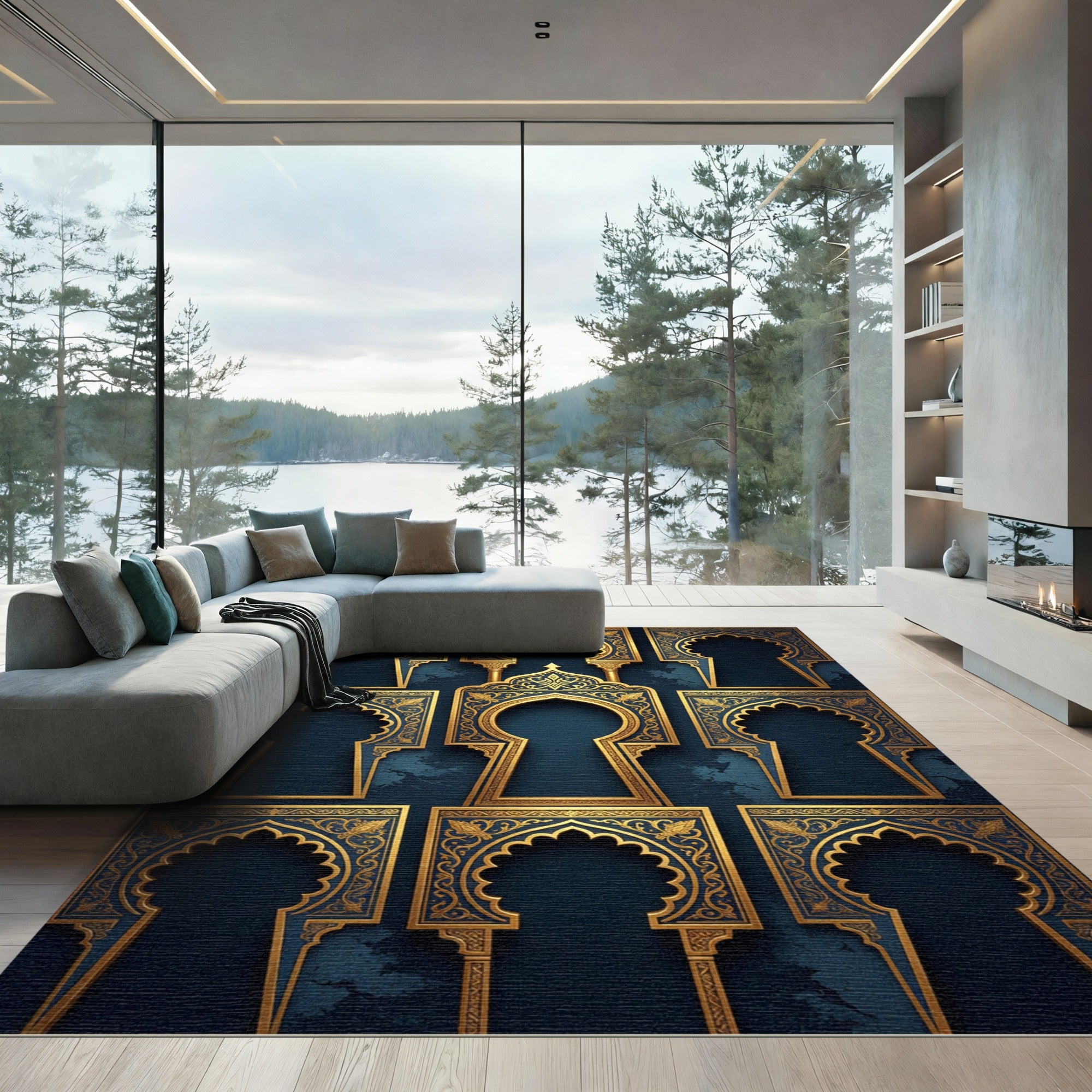 Golden Arched Lattice Navy Backdrop Rug