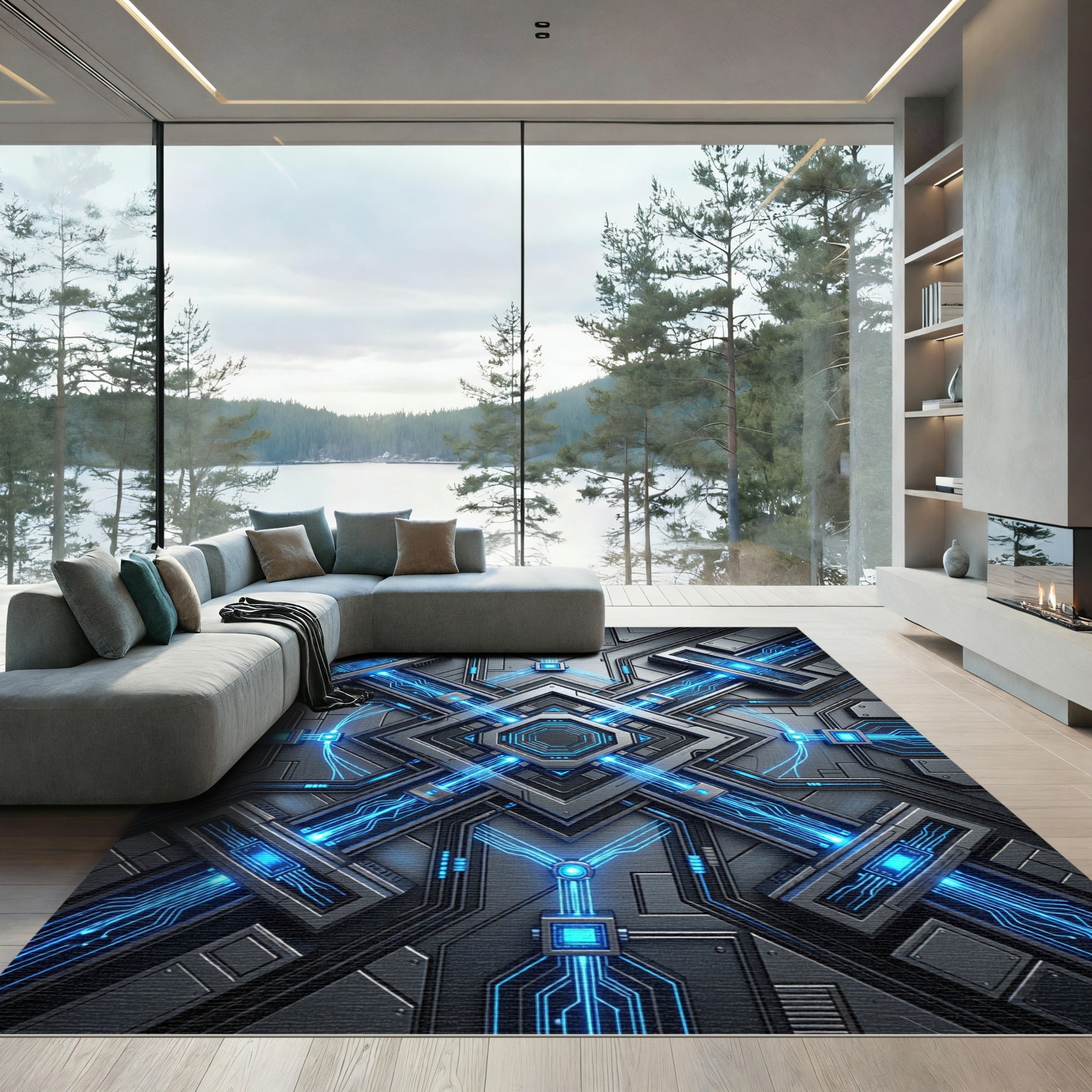 Luminous Electric Blue Cyber Circuit Grid Rug