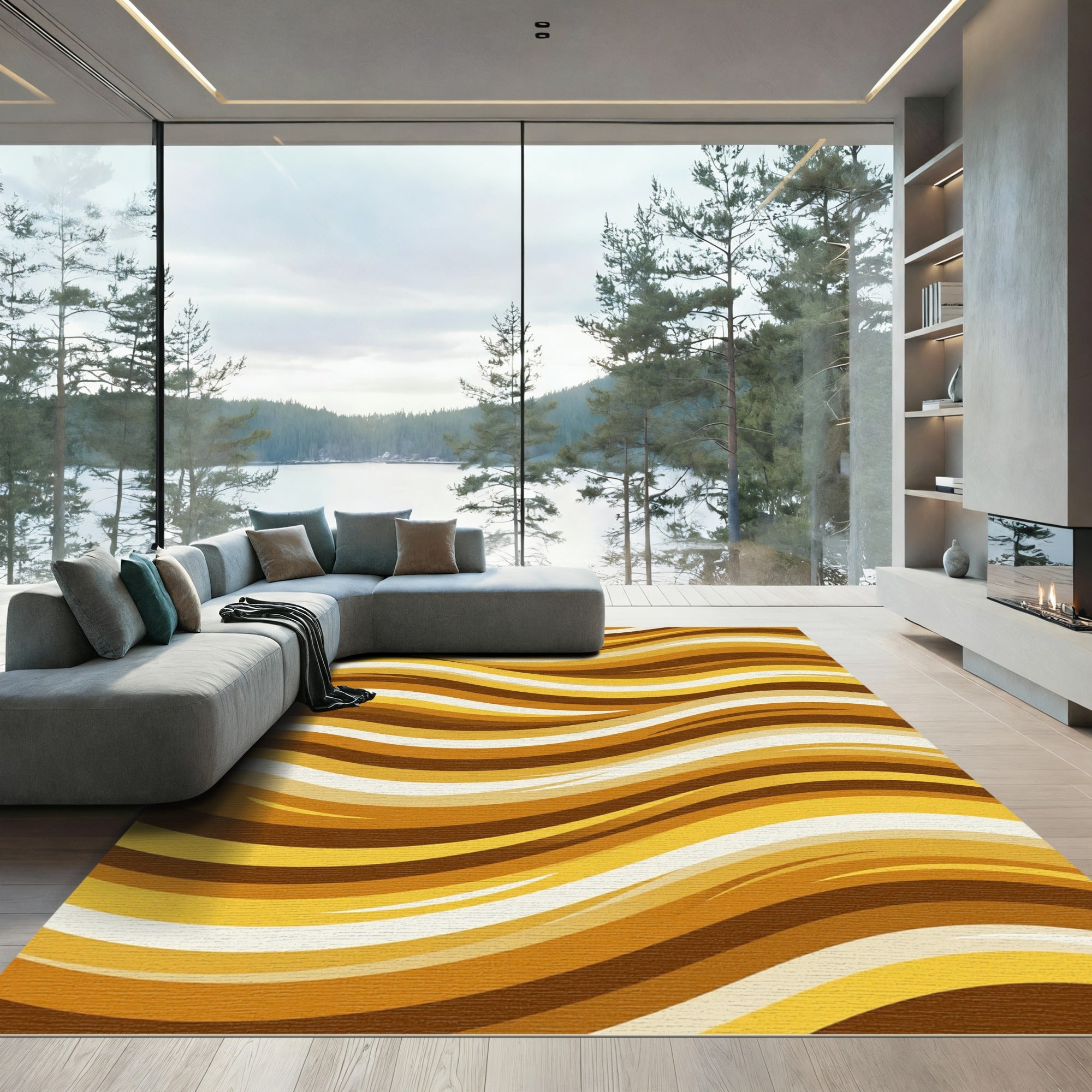 Golden Amber Fluid Wave Swirls Rug
