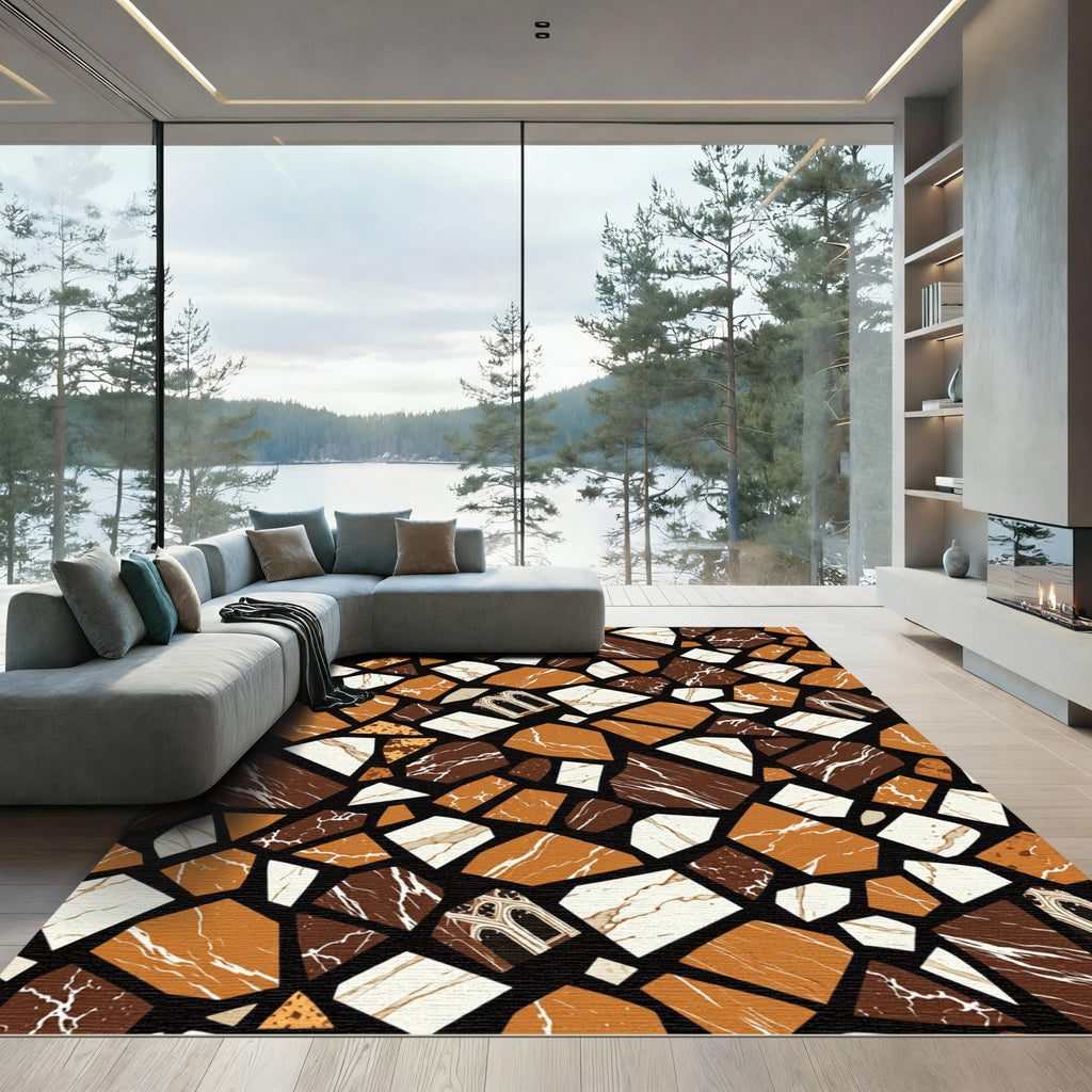 Geometric Abstract Ochre Brown Marble Patchwork Rug