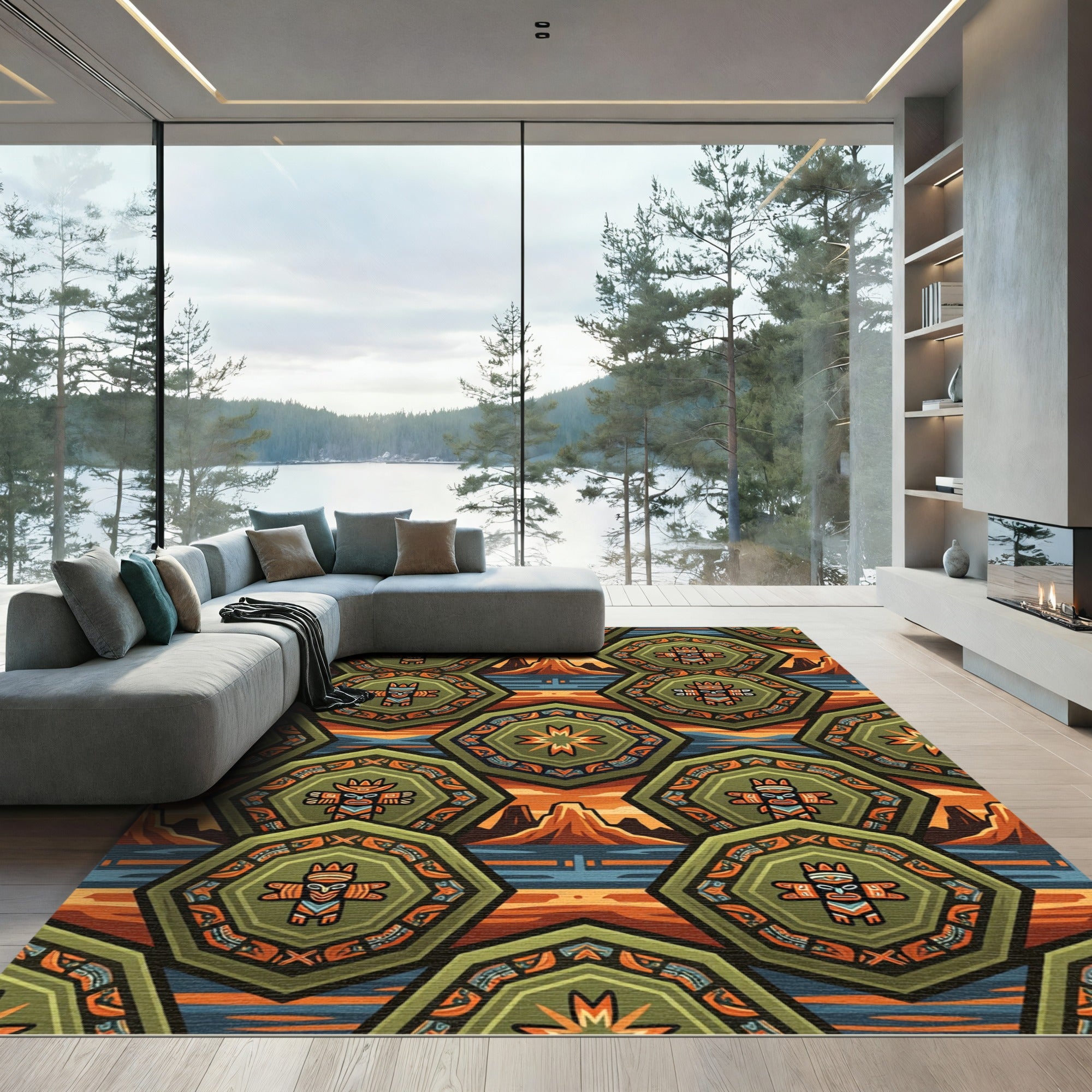 Tonal Aztec Inspired Octagon Landscape Rug