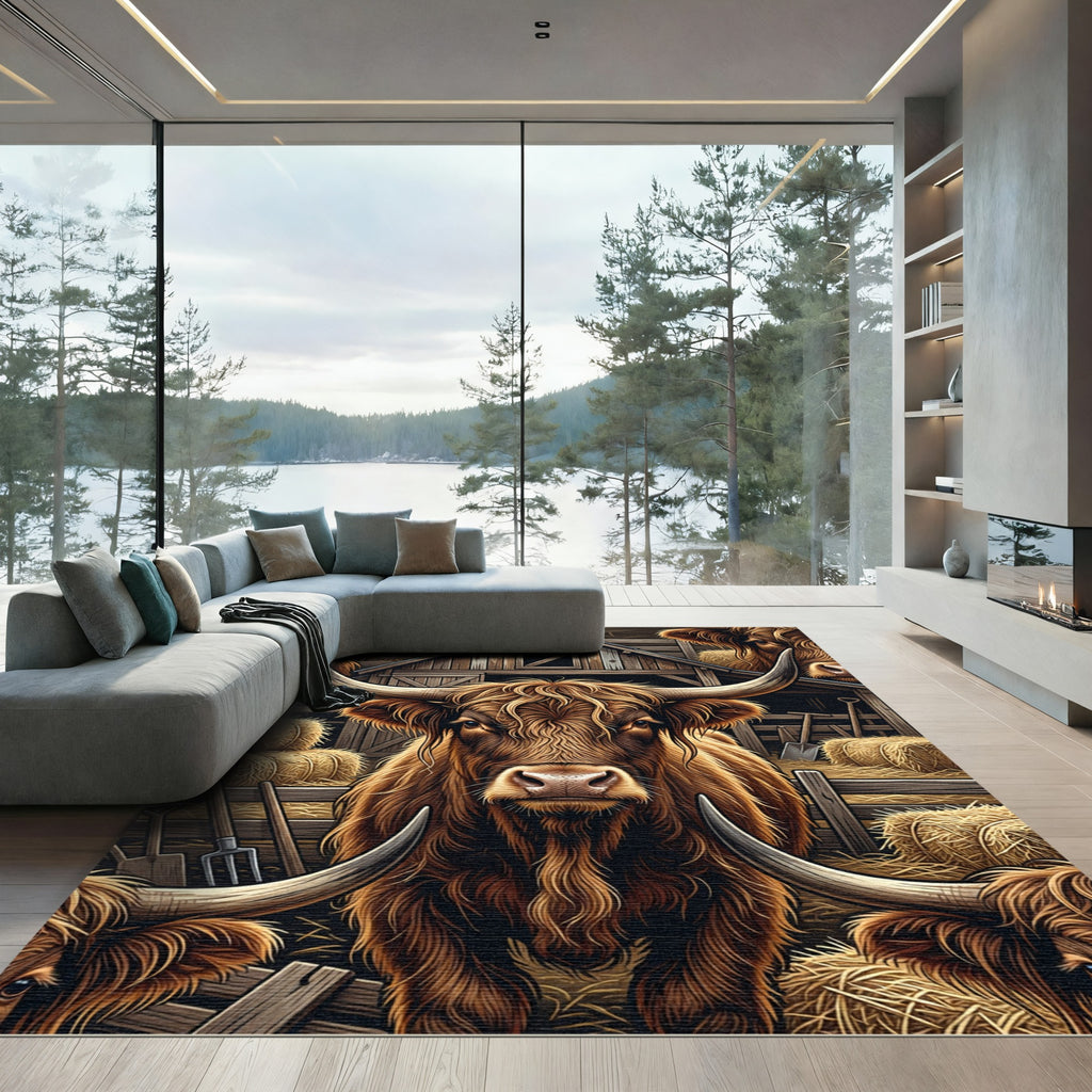 Rustic Golden Highland Cattle Farm Scene Rug