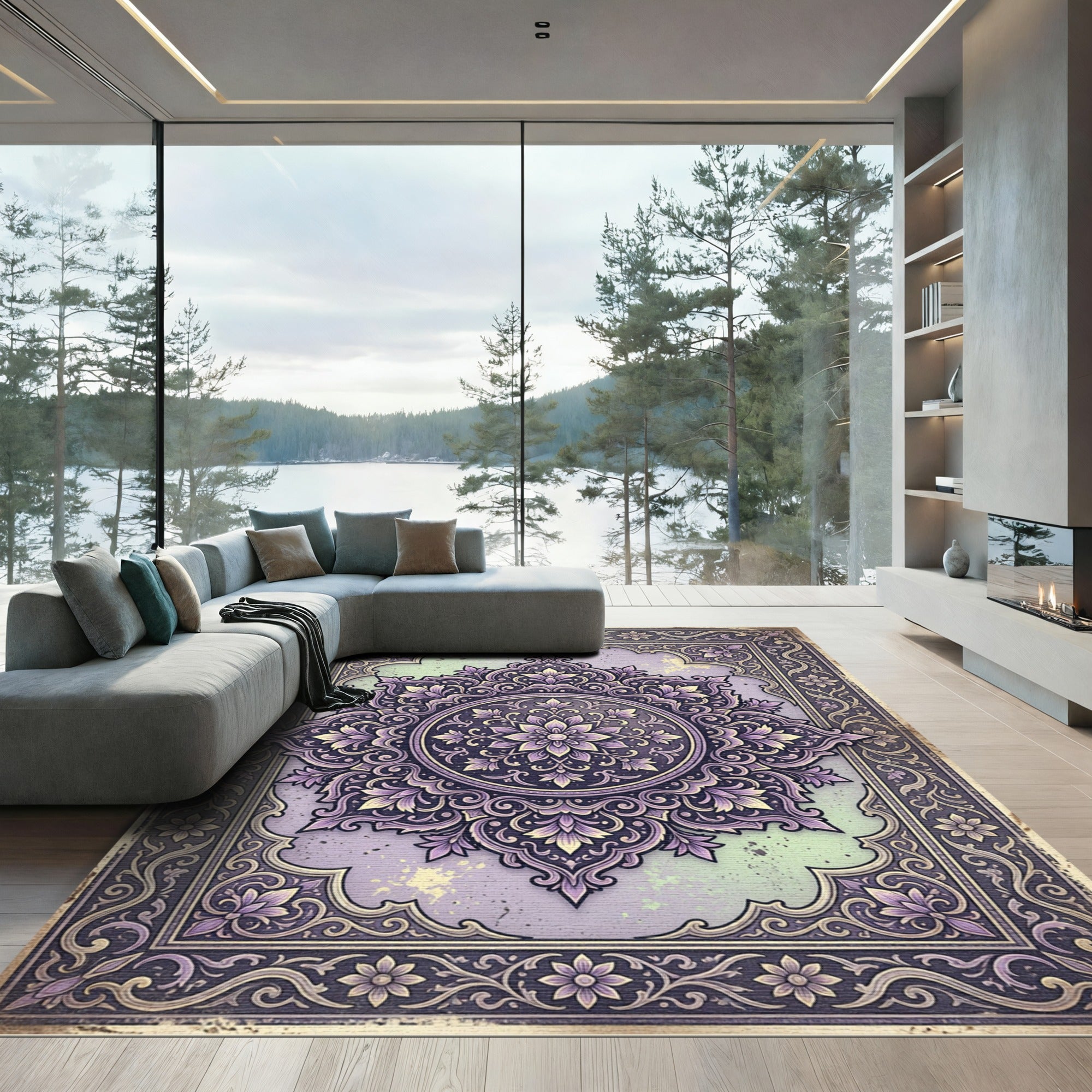 Ornate Lavender Floral Mandala Art Rug