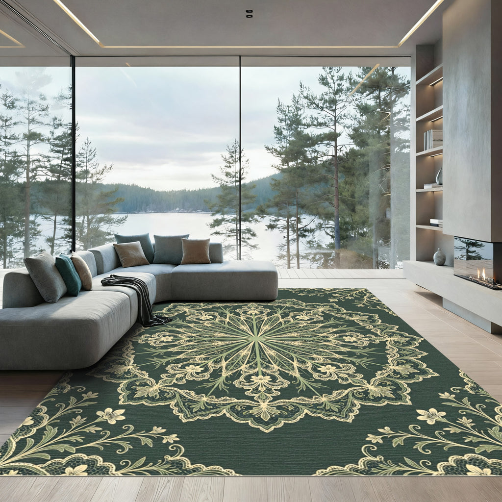 Emerald Lace Mandala Floral Medallion Rug