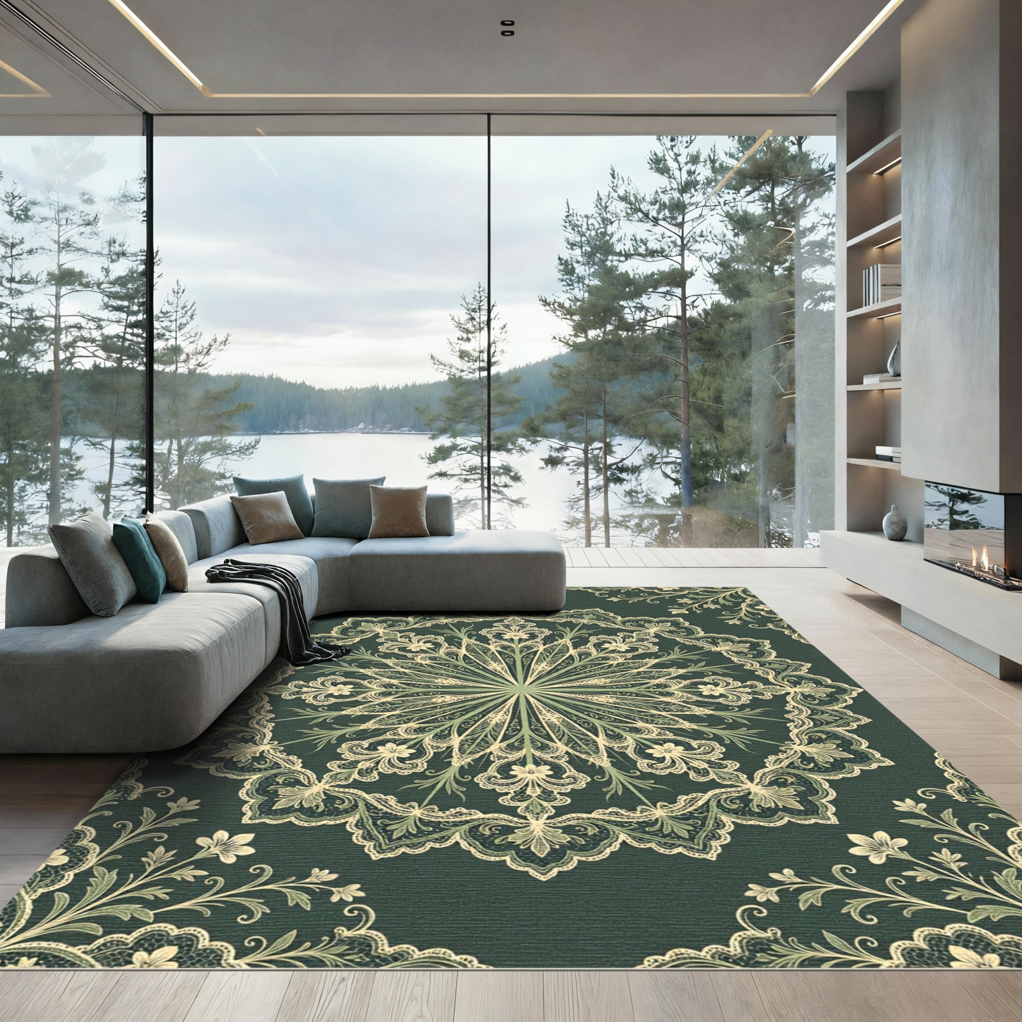 Emerald Lace Mandala Floral Medallion Rug