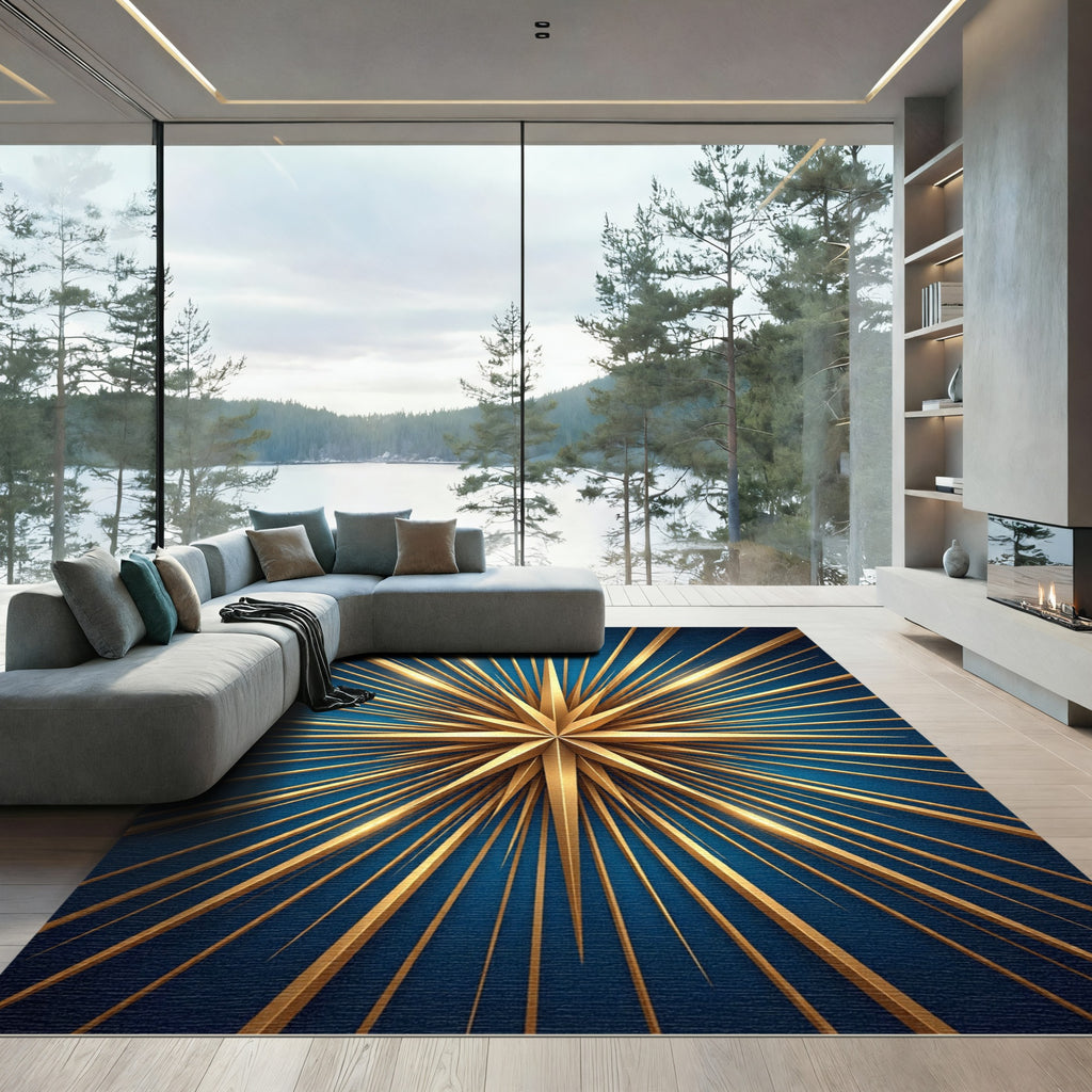 Radiant Golden Starburst Navy Rug