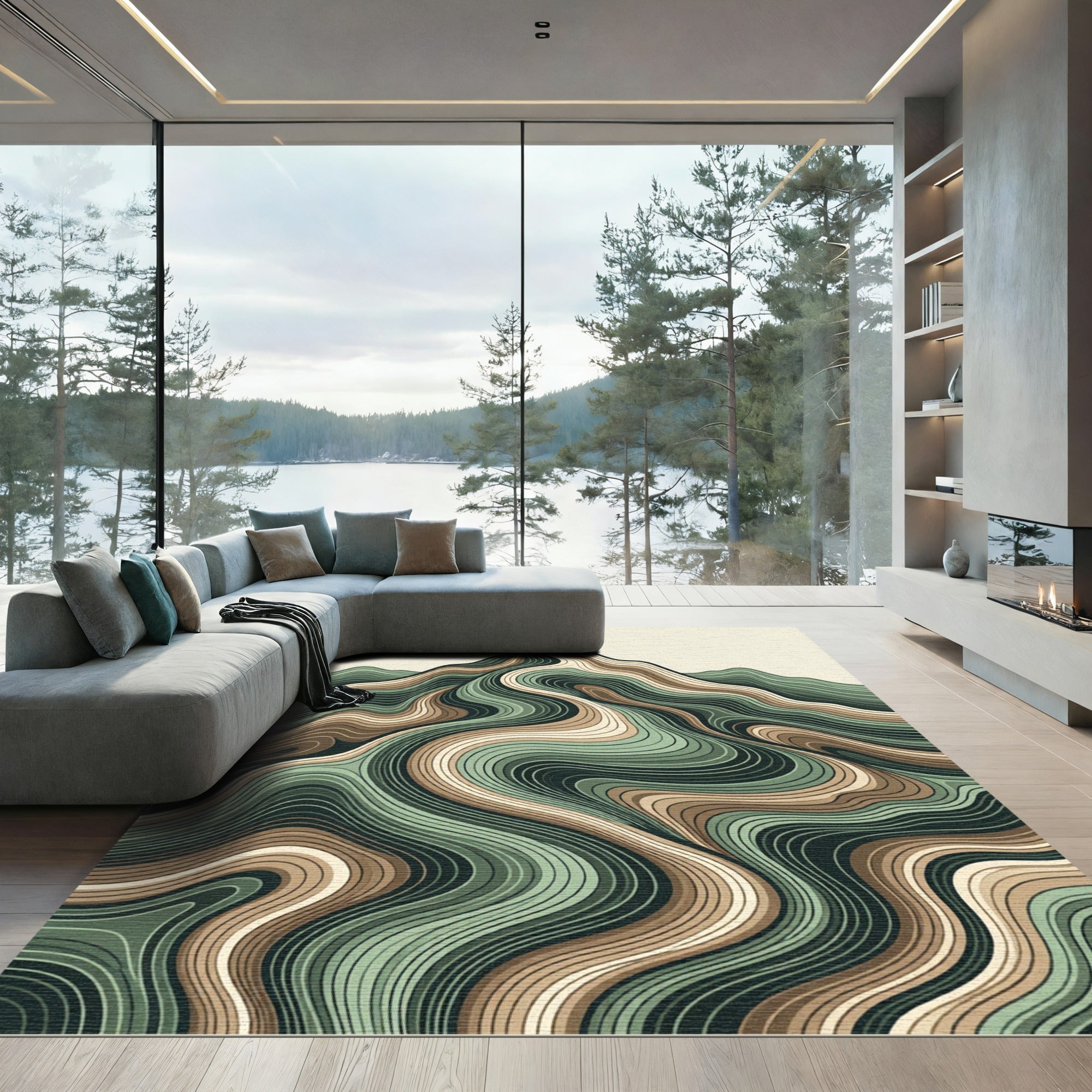 Earthy Green Wavy Mountain Landscape Rug