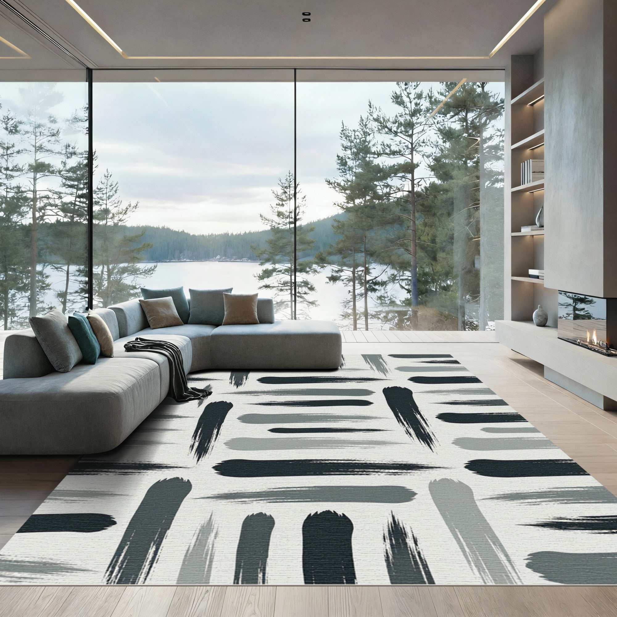 Charcoal Gray Brushstroke Stripe Rug