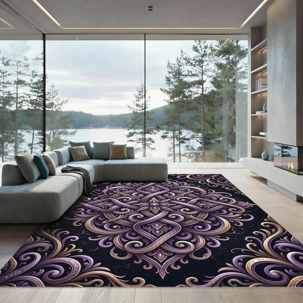 Ornate Amethyst Gold Swirl Medallion Rug