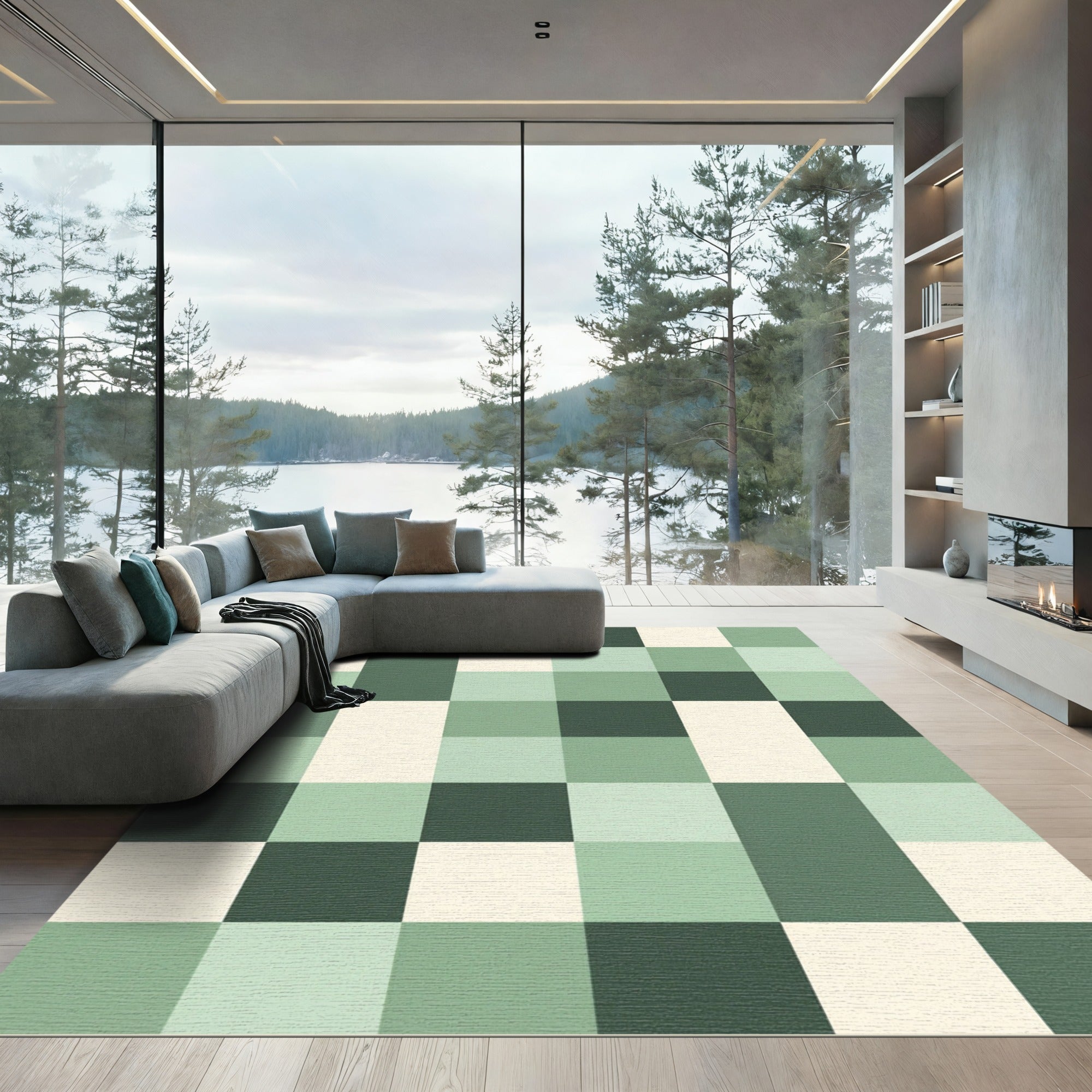 Sage and Cream Woven Geometric Block Rug