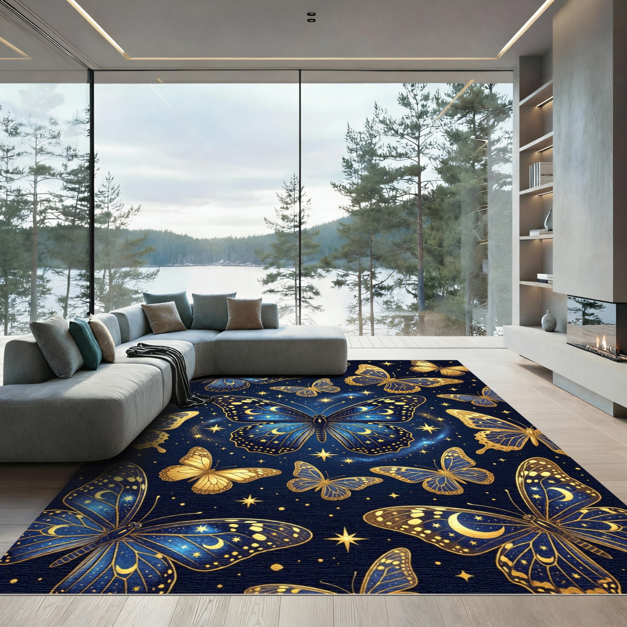 Celestial Golden Butterfly Starry Night Rug
