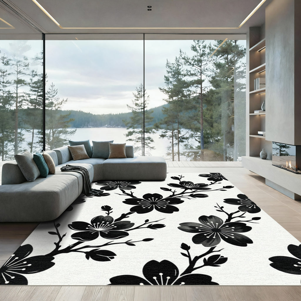 Minimalist Black and White Floral Branch Rug