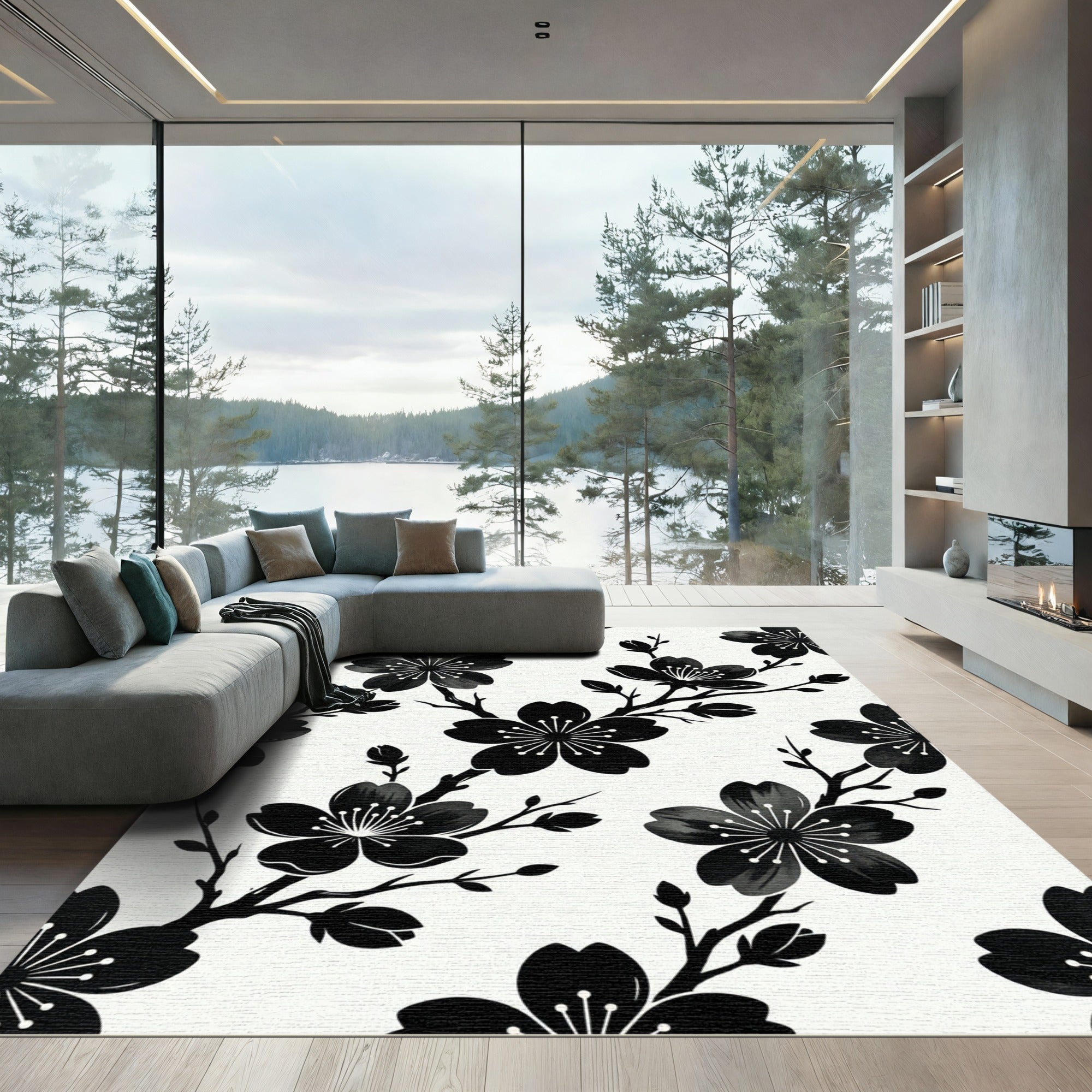 Minimalist Black and White Floral Branch Rug
