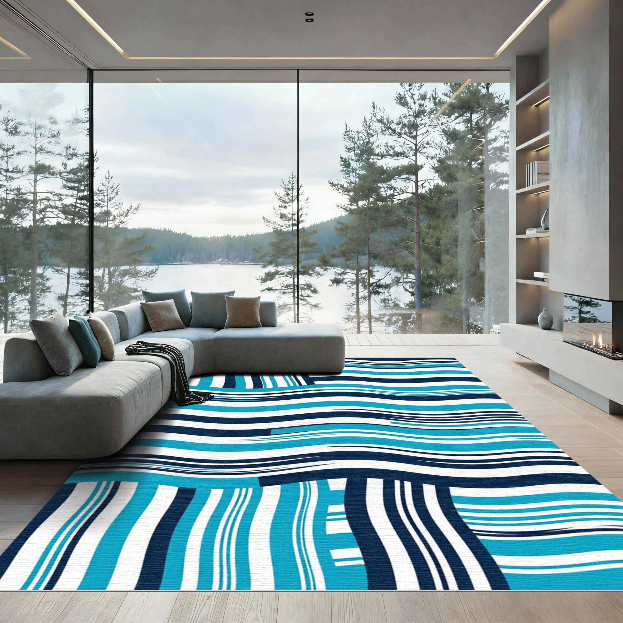 Modern Azure Navy Abstract Wave Rug