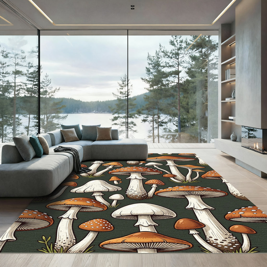 Whimsical Forest Toadstool Mushroom Illustration Rug