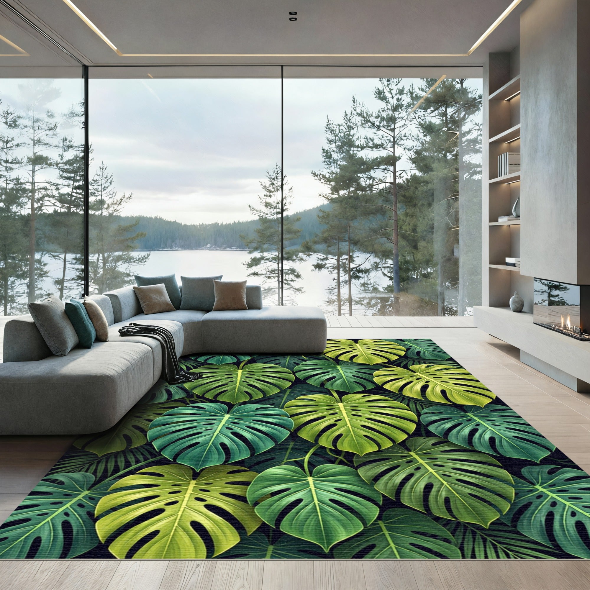 Tropical Green Monstera Leaf Pattern Rug